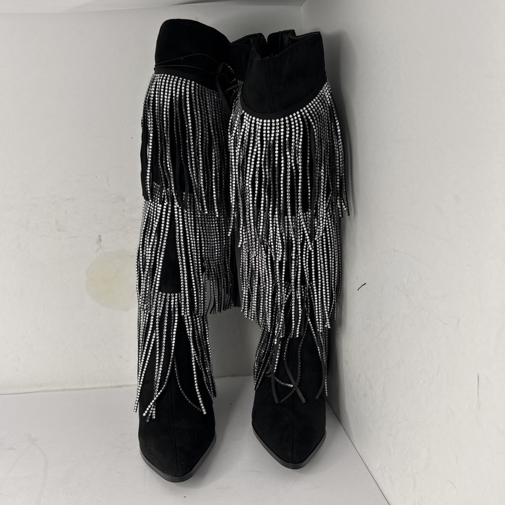 Forever‎ 21 Rhinestone Fringe Boots Black With Silver Fringe Sz 6